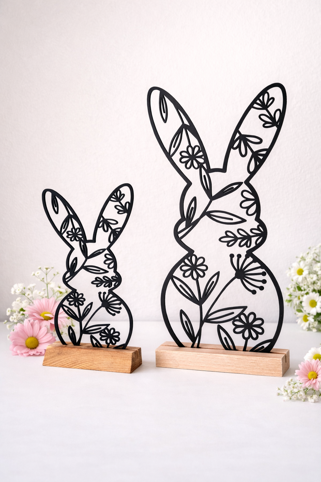 Osterhase Holz Deko - Minimalistische Osterdekoration aus Holz mit Blumen - Osterdeko Tisch Hasen Set