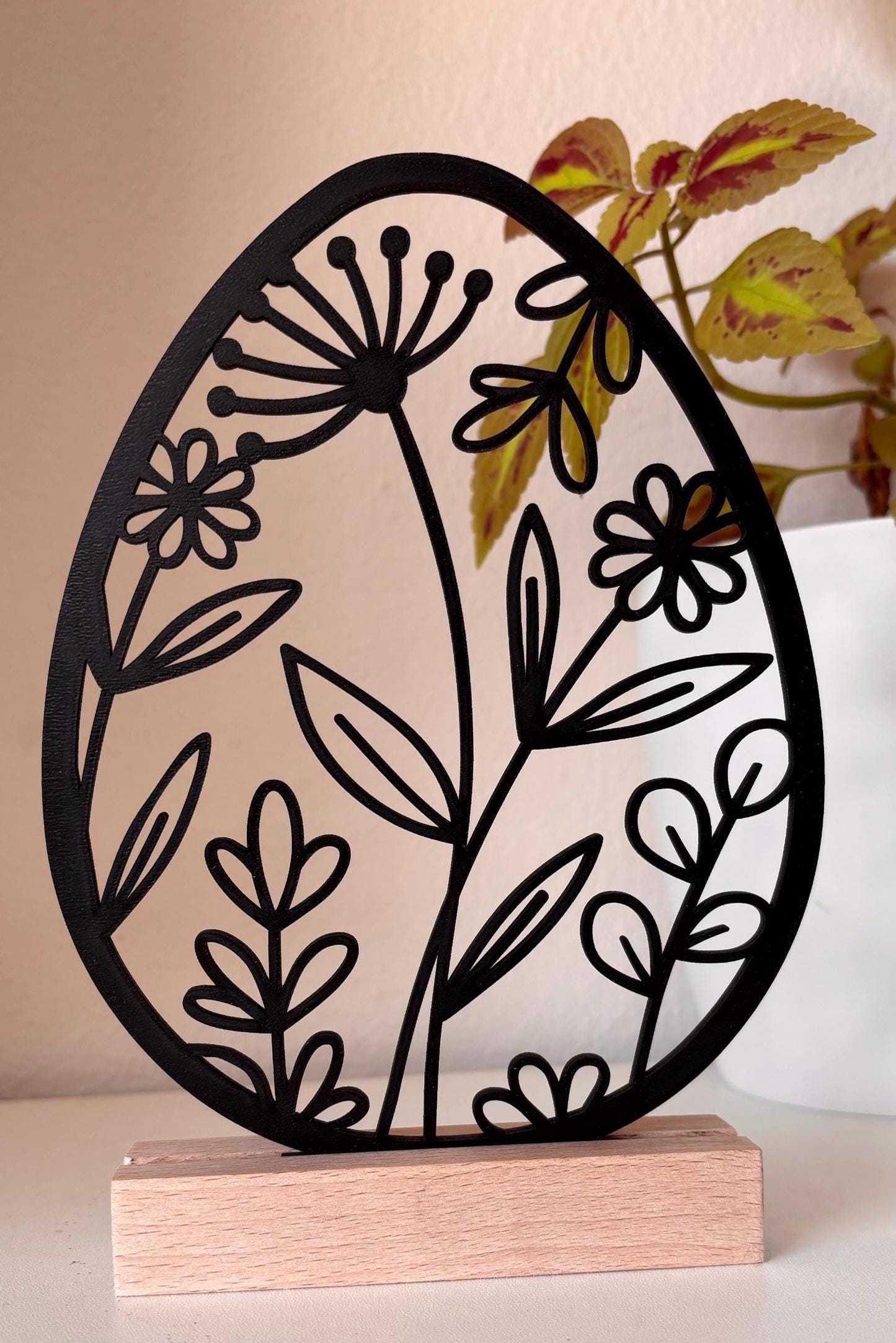 Aufsteller für Ostern. Osterei mit Blumen im Modernen Design inkl. Holzklötzchen zum Hinstellen